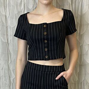 Hollister Black Pinstripe Button Front Crop Top | Women’s XS